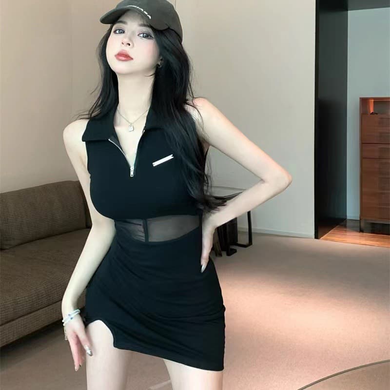 Spice Girl Mesh Stitching Lapel Black Sleeveless Vest Dress Women's Summer Waist Split Sexy Hip Skirt