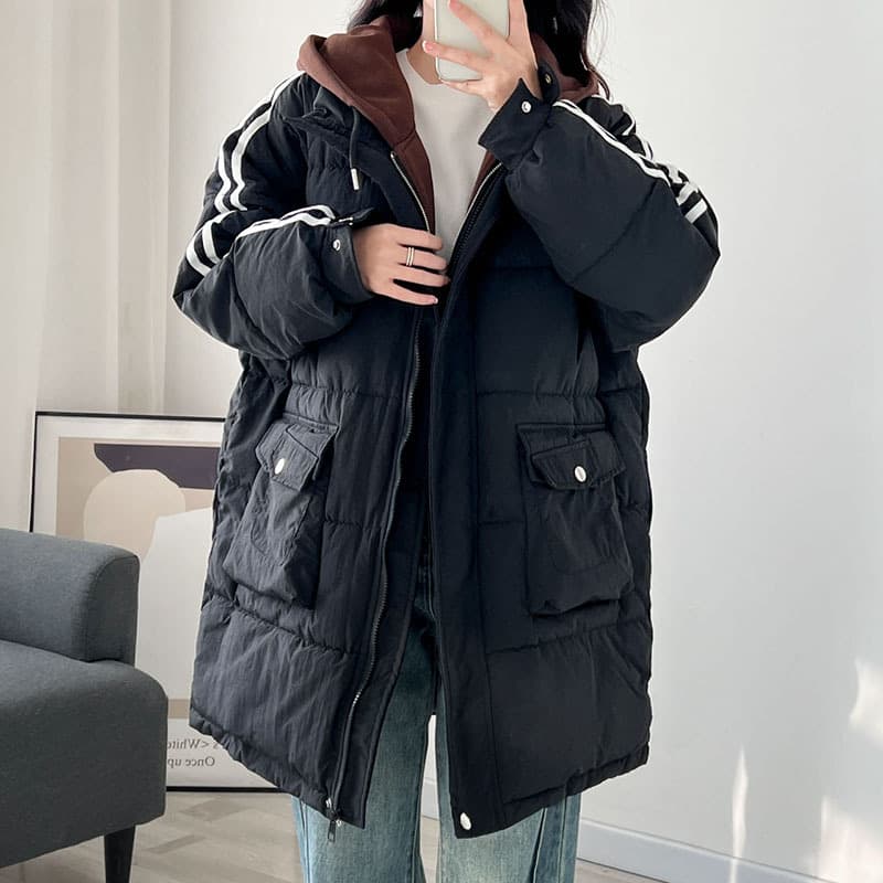 3355 Cotton Coat Hooded Fake Two-Piece Color Block Plus Size Women's Clothing Special Fit Korean Style Curvy Girls Up to 300 lbs Wearable Korean Jacket
