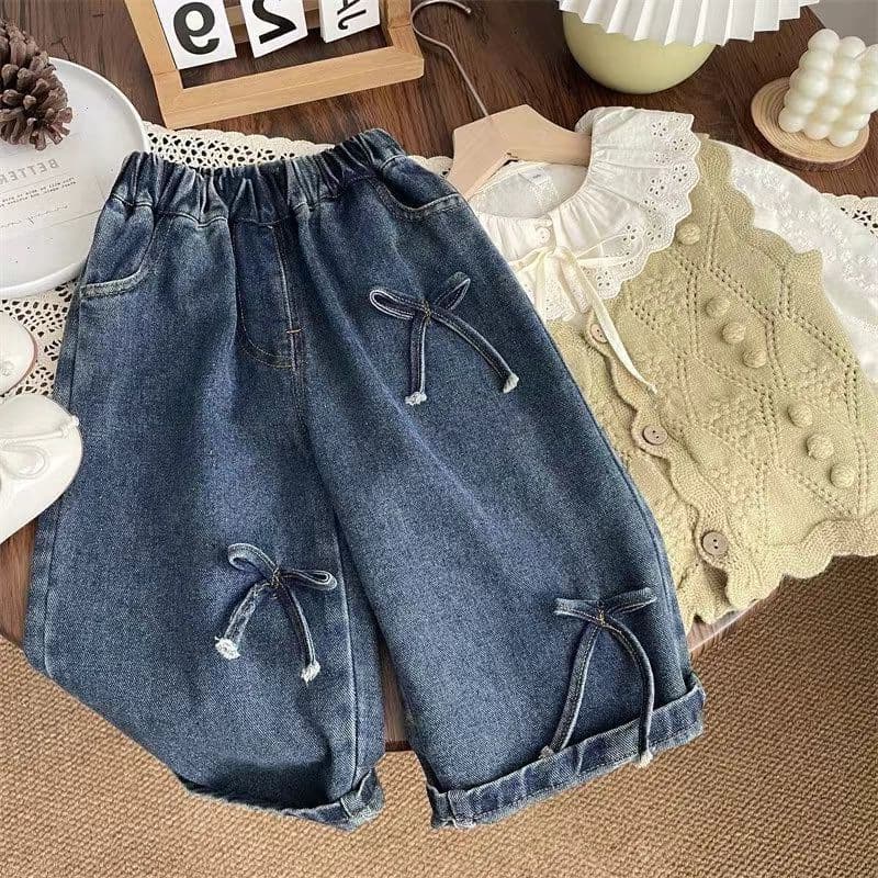 Spring Autumn Girls Jeans Baby Stylish Children Personality Trendy Korean Bow Wide Leg Pants
