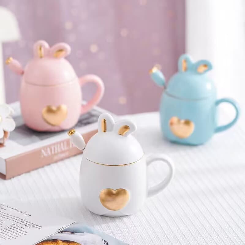 Customized super cute ceramic cup for children, good-looking mug with covered spoon, breakfast cup, girl's office home water cup