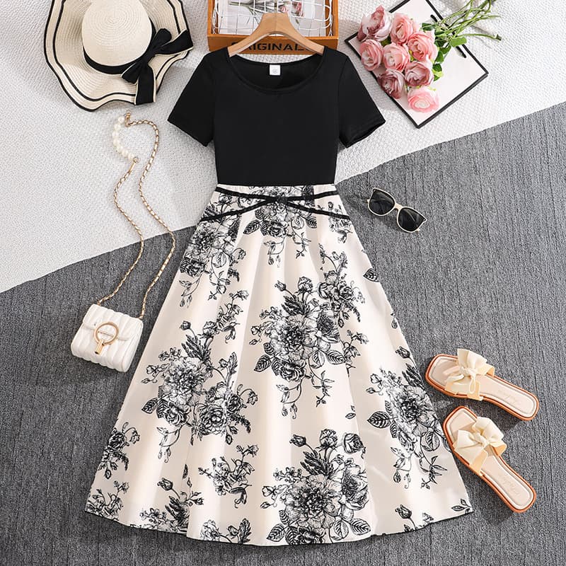 European and American Big Girl Fashion 26 Spring/Summer New Casual Elegant Floral Print Short-Sleeve Waist-Cinching Long Dress
