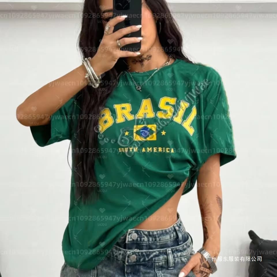 Women's Short Sleeve Brazil South America Print T-Shirt Girls' Round Neck T-Shirt Outdoor Sports Adult Women's T-Shirt