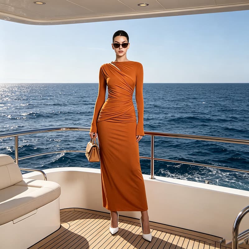 European and American Celebrity Banquet Dress 2026 Autumn New Round Neck Smocked High Waist Slim Fit Bodycon Dress for Women
