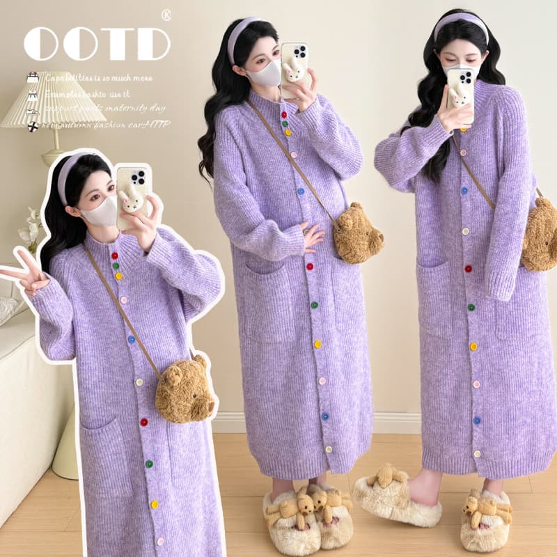 Real Shot In Stock 2025 Autumn Winter Maternity Sweater Coat Dress Colorful Buttons Gentle Temperament