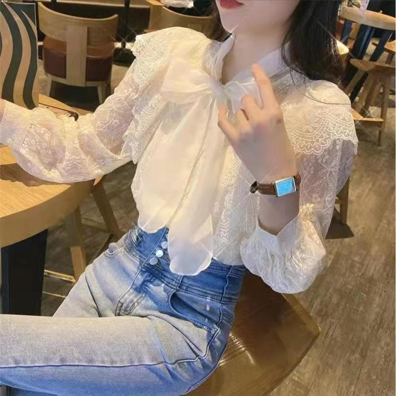 Designer Niche Bow Long Sleeve Lace Blouse Women Autumn French Style Elegant Top Fairy Puff Sleeve Shirt