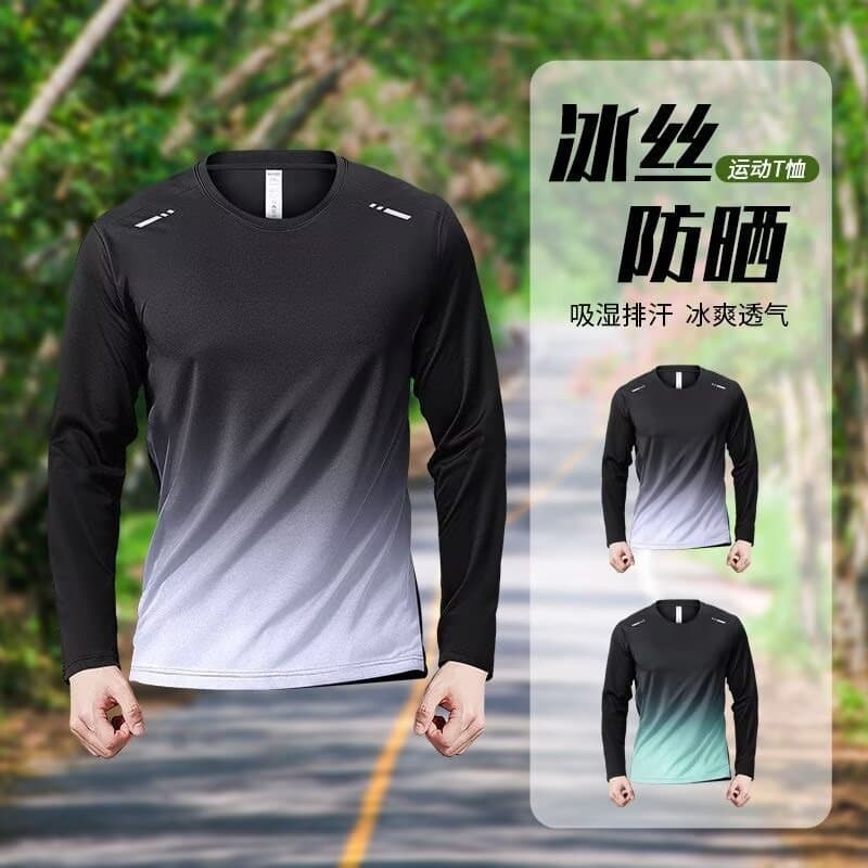 Men's Mesh Ice Silk Long Sleeve Autumn Sports Casual Training Quick-Dry Shirt Fitness Shirt Outdoor Sun Protection Running T-Shirt