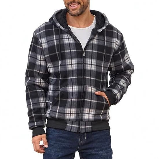 Foreign trade autumn and winter warm plush lined hooded zipper sweatshirt plaid print jacket men's coat gray wool