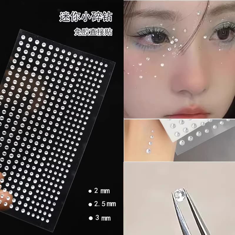 Face with Rhinestone Eye Makeup, Bright Rhinestone Children's Day Stage Makeup, Small Rhinestone Bridal Jewelry, Rhinestone Pearl Butterfly Tear Rhinestone