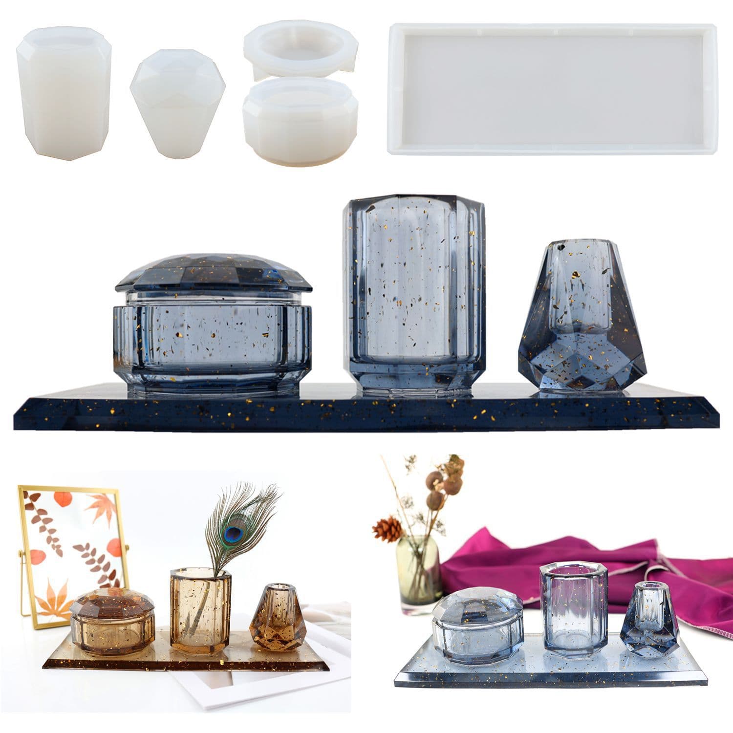 DIY Crystal Epoxy Resin Amazon Pen Holder Vase Desktop Office Four-Piece Set Mirror Silicone Mold