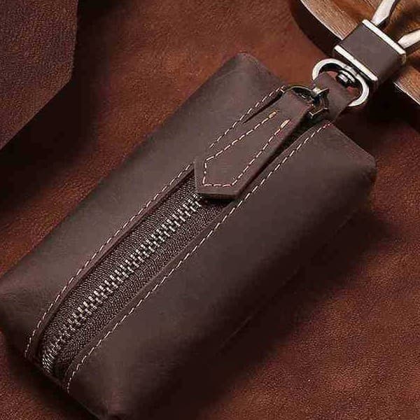 Top-Grain Leather Car Key Case, Vegetable-Tanned Cowhide, Vintage Coin Purse, Genuine Handmade Leather Waist Bag