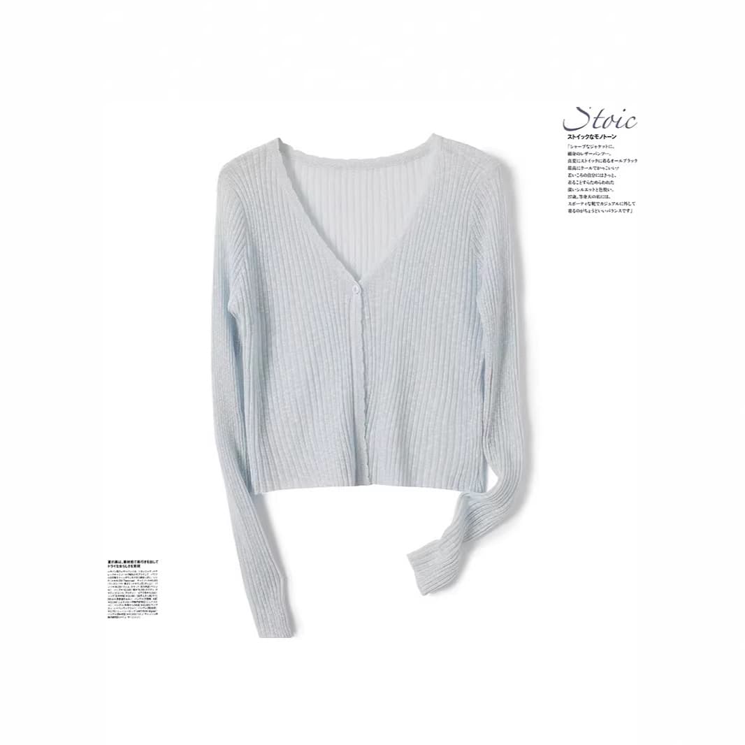 Women's Outer Layer Cardigan, Thin Tencel Air Conditioning Jacket, Short Summer V-Neck Versatile Coat, Tencel Ribbed Knit Sweater