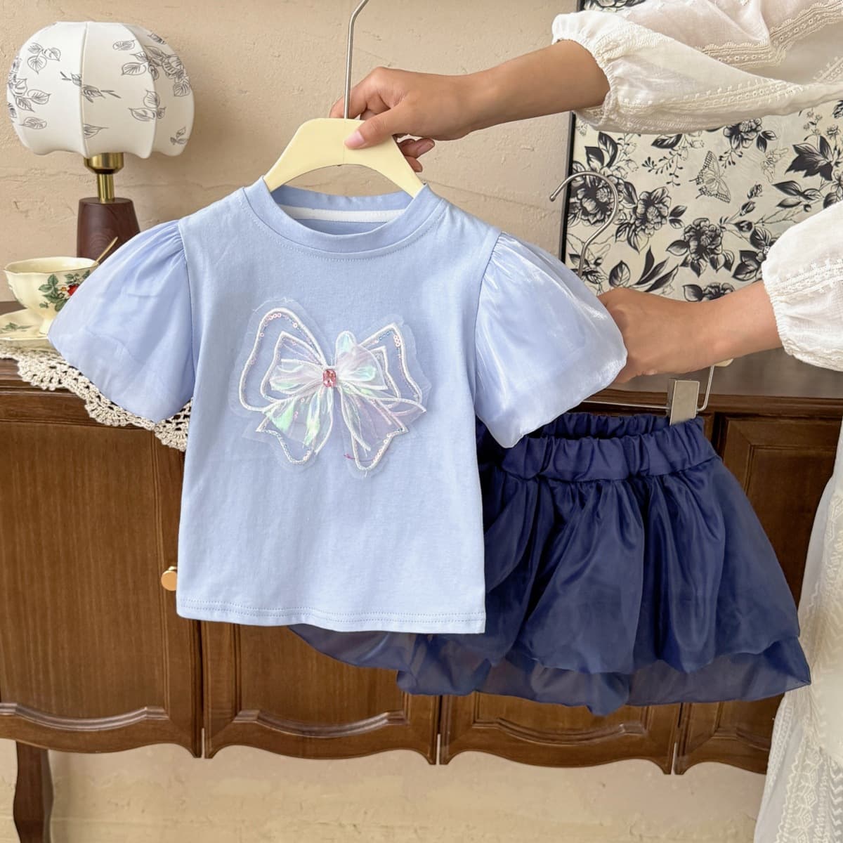 77133 Girls Puff Sleeve T-shirt Children's Clothes Summer Style Bow Top Baby Mesh Skirt Two-piece Set