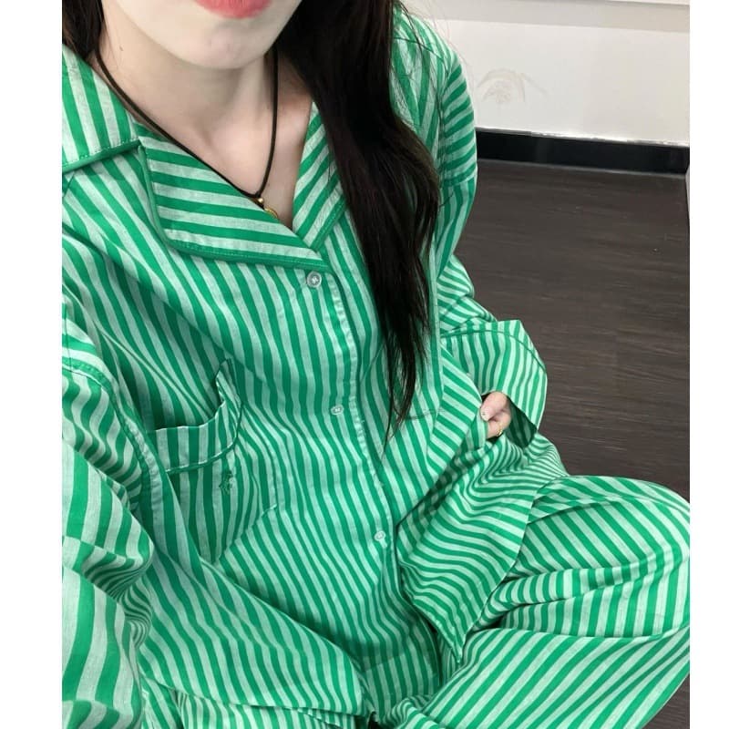 Thickened Cloud Cotton Korean Style Green Striped Small Lapel Pajamas for Women Spring & Fall New Long-Sleeved Pants Home Wear Set