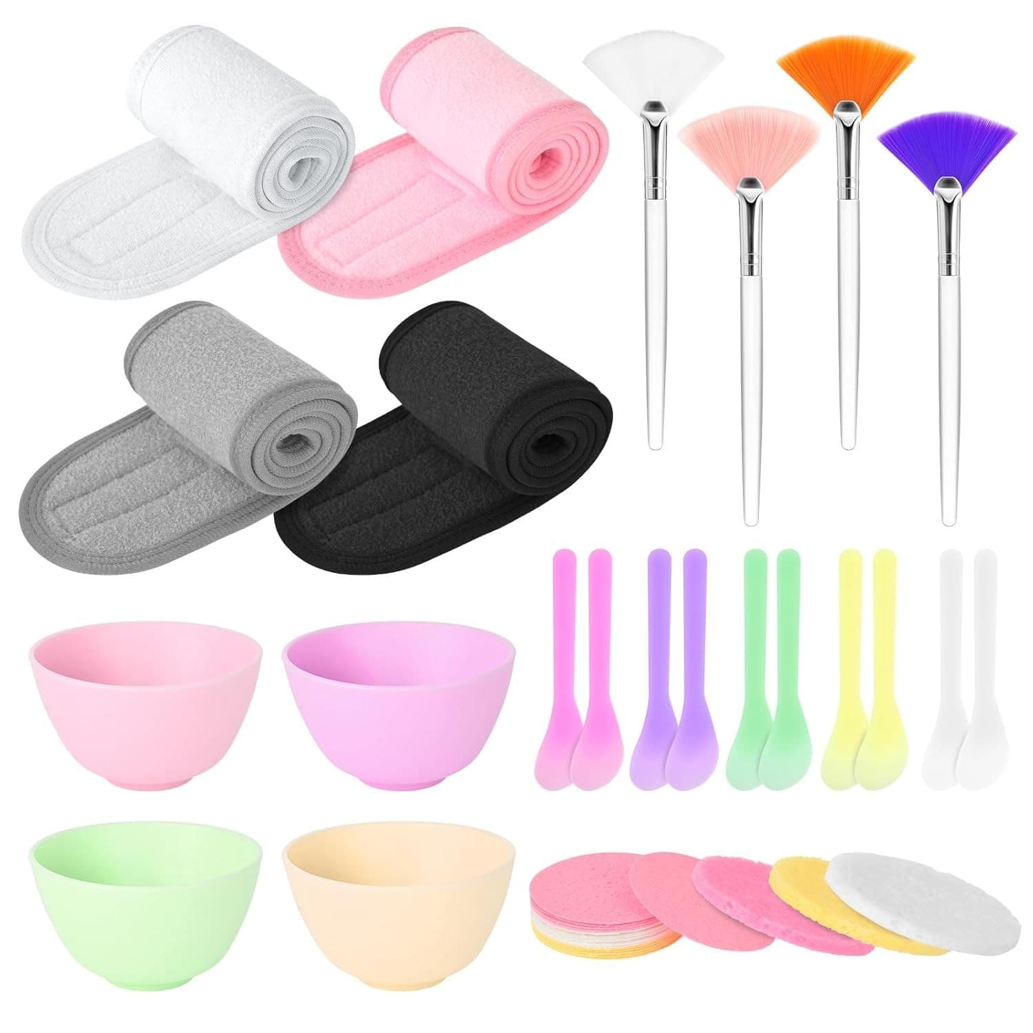 Beautician facial kit 4 silicone bowls 4 headbands 15 compressed sponges 10 spatulas 4 brushes