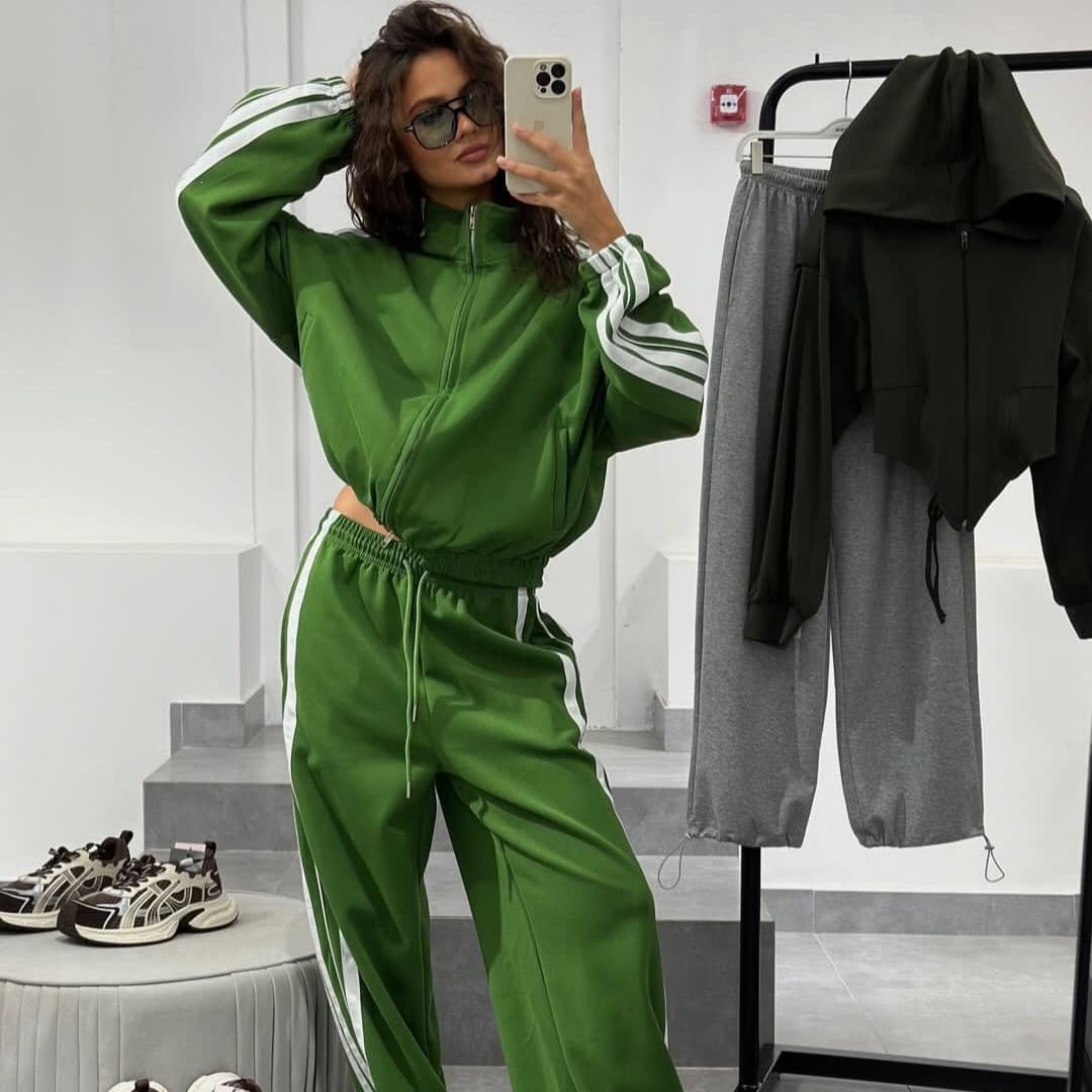 2026 Oversize Stand Collar Sports Suit Women Full Zipper Loose Jacket High Waist Wide Leg Sweatpants Two Piece Set