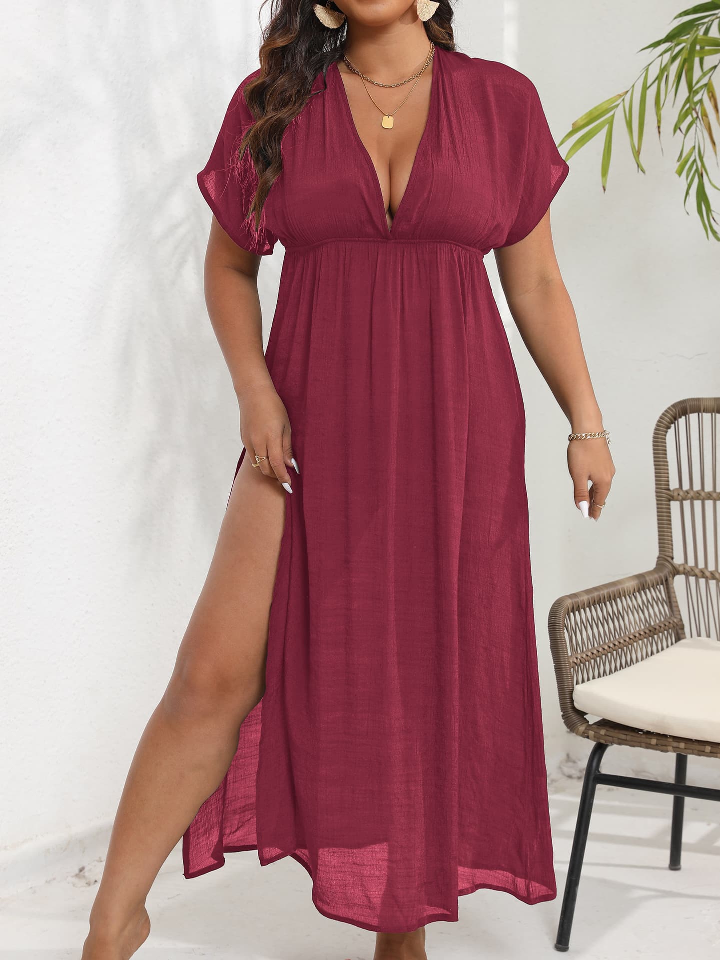 Women's long skirt beach cover-up plus size women's cross-border European and American new style slit deep V backless waist dress