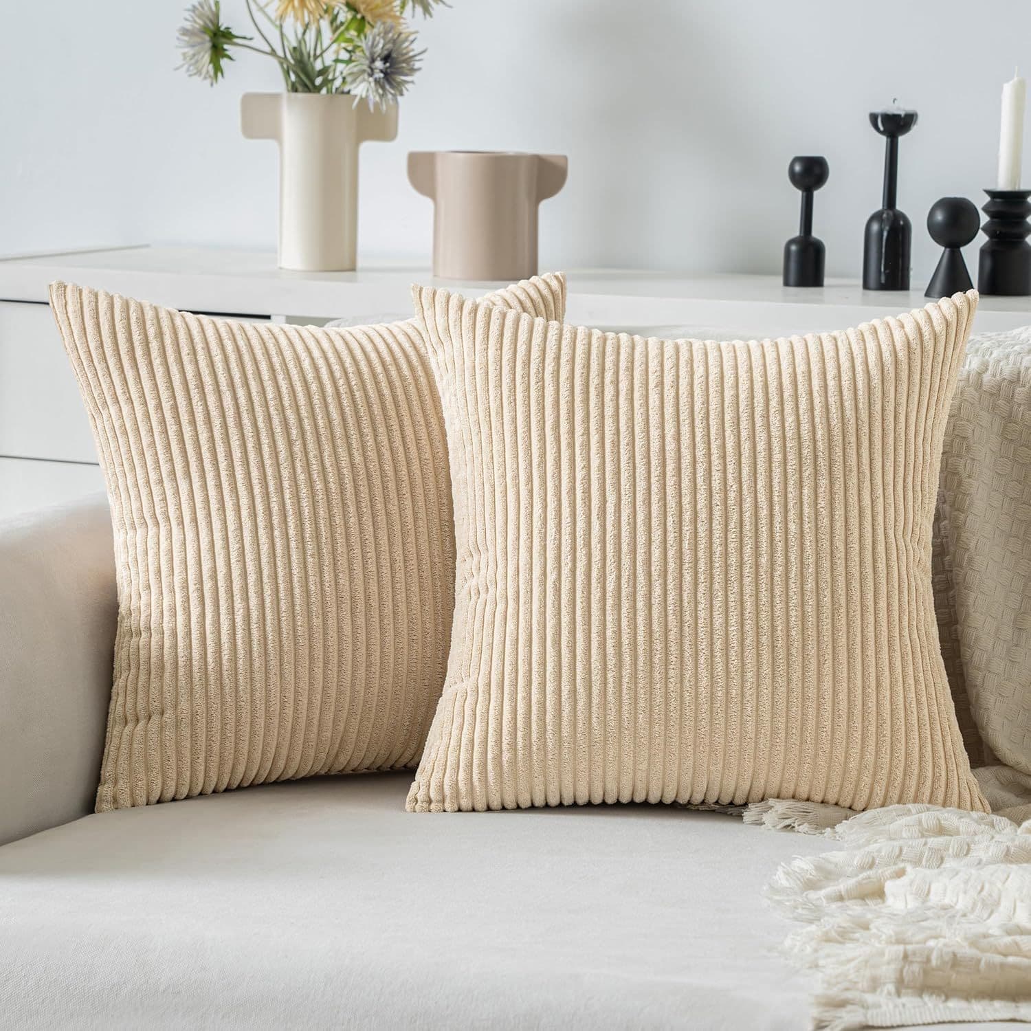 Soft Corduroy Pillow Covers Striped Plush Sofa Cushion Covers 2.5 Strips Invisible Zipper American Style Living Room Decor