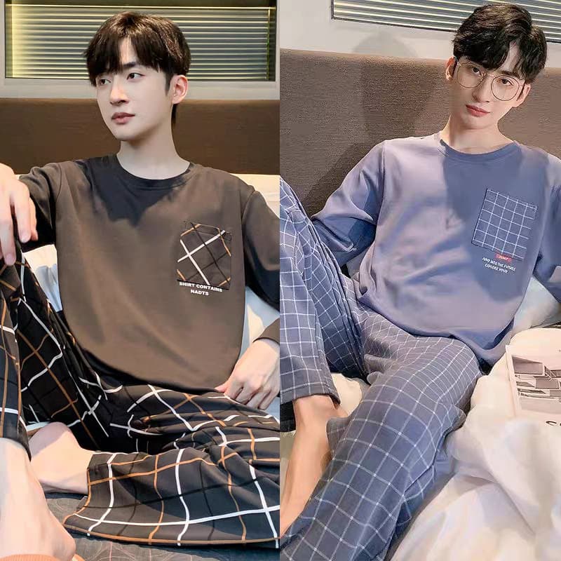 Men's Pajamas Spring Autumn Simple Plaid Long Sleeve Teen Boys Large Size Homewear Suit Fall