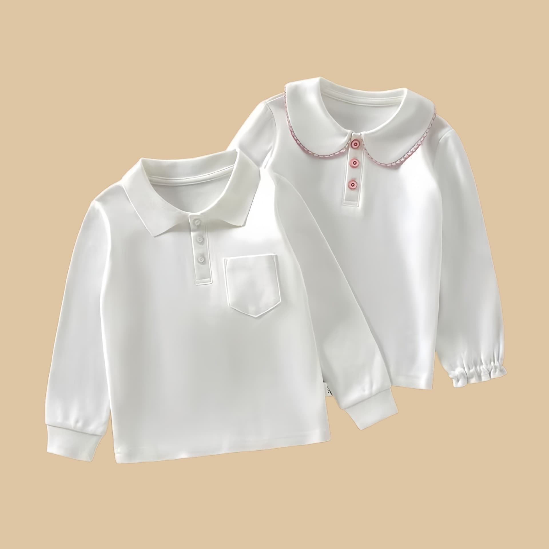 Children's Spring/Autumn Solid Color Polo Shirt, Turn-Down Collar, Preppy Style, Pure Cotton Boys' White Shirt, Girls' Long-Sleeve Base Layer Top