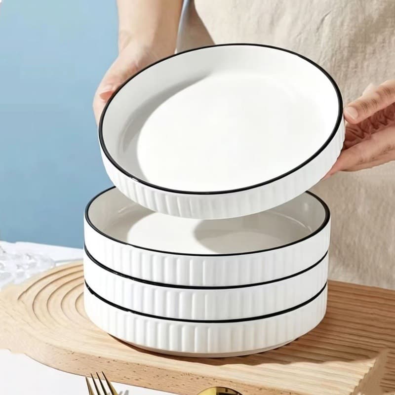 Simple European black line underglaze color ceramic tableware, American plate, fruit plate, steak plate, dish plate, pure white vertical pattern plate, deep plate bubble