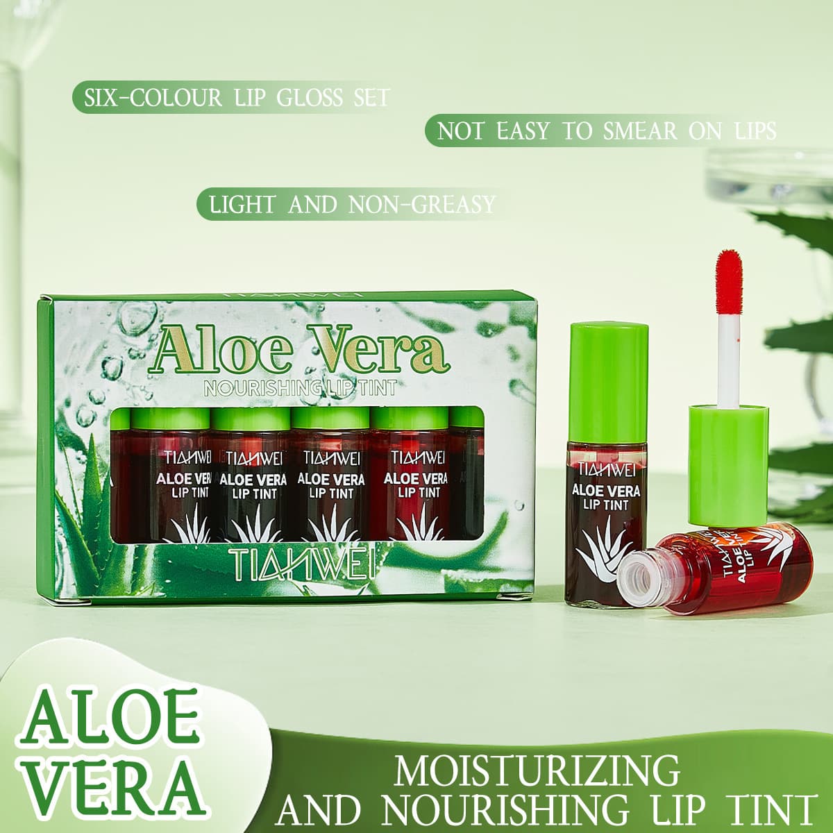 Cross-border popular aloe vera 6-color lipstick set, moisturizing, moisturizing, waterproof, non-fading, non-stick cup, whitening lip glaze makeup