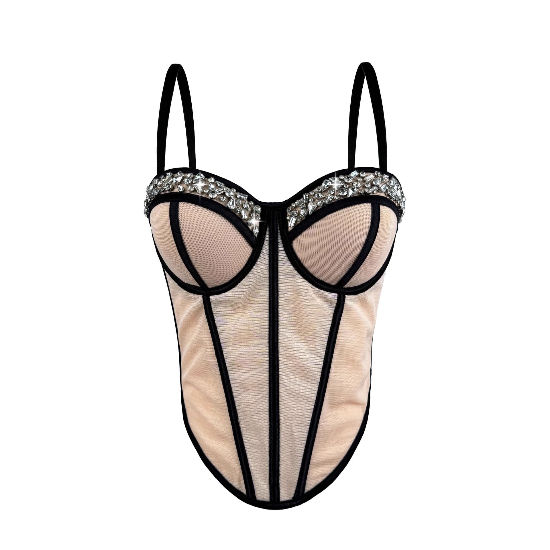 New Cross-Border Rhinestone Mesh Fishbone Corset Waist Cincher Backless Sexy Camisole Shapewear Slimming Fishbone Top