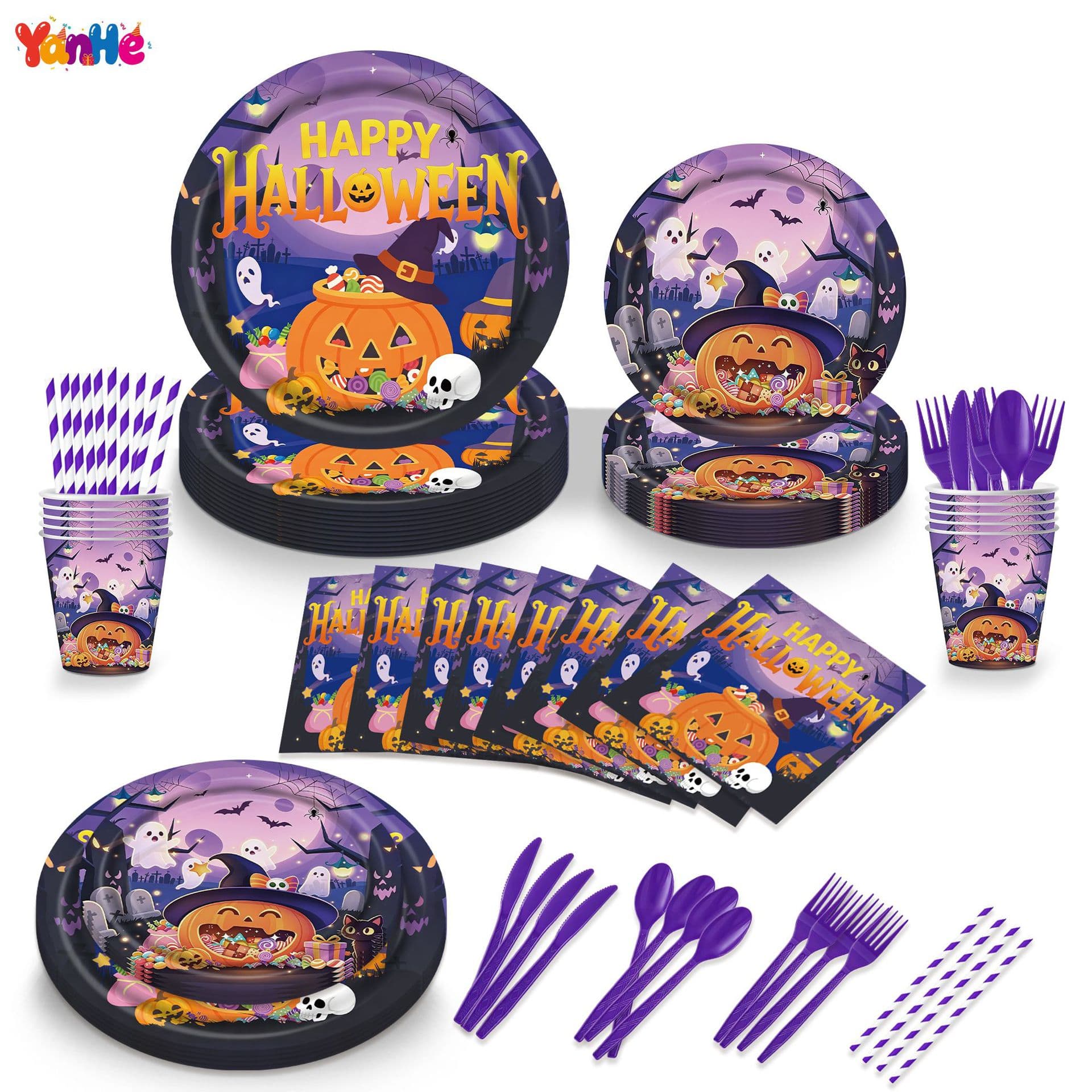 Halloween Spooky Pumpkin Party Theme Tableware Horror Decoration Disposable Paper Plate Tissue Paper Cup Knife Fork Spoon