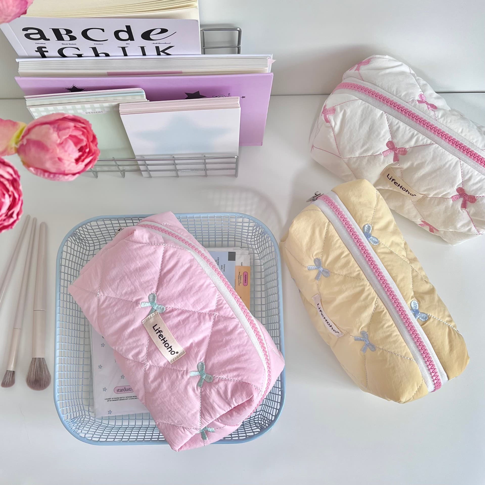 Cute Bow Makeup Bag for Women, Large Capacity Student Dormitory Storage Bag, Pencil Case, Bag-in-Bag Set