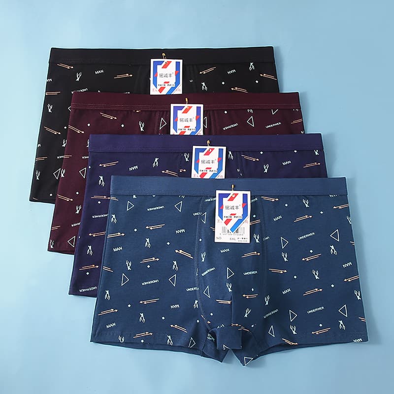 Men's Cotton Boxer Briefs, Big Size, Printed, Breathable, Mid-Rise, Fashionable, 40s Cotton, Four-Corner Pants, Factory Wholesale