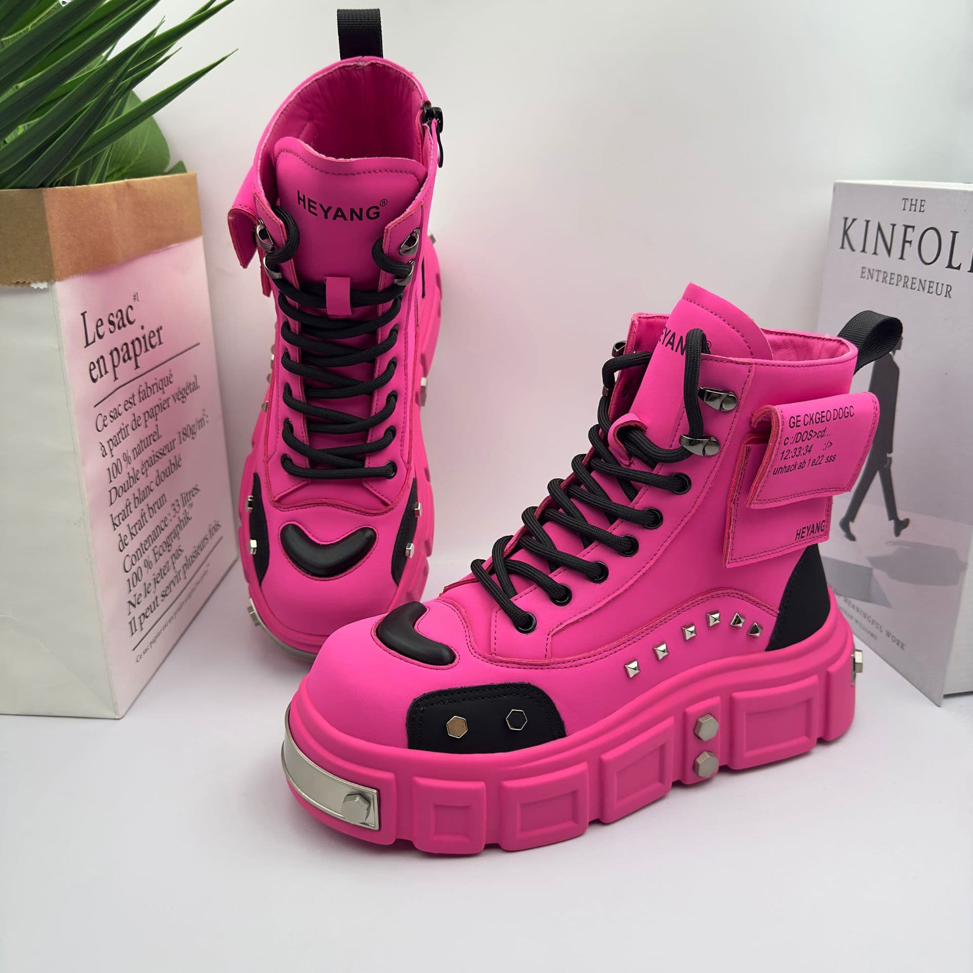 HEYANG Men's Autumn/Winter Rogue Style Martin Boots, Dragon Fruit High-Top Trendy Height-Increasing Platform Niche Trend