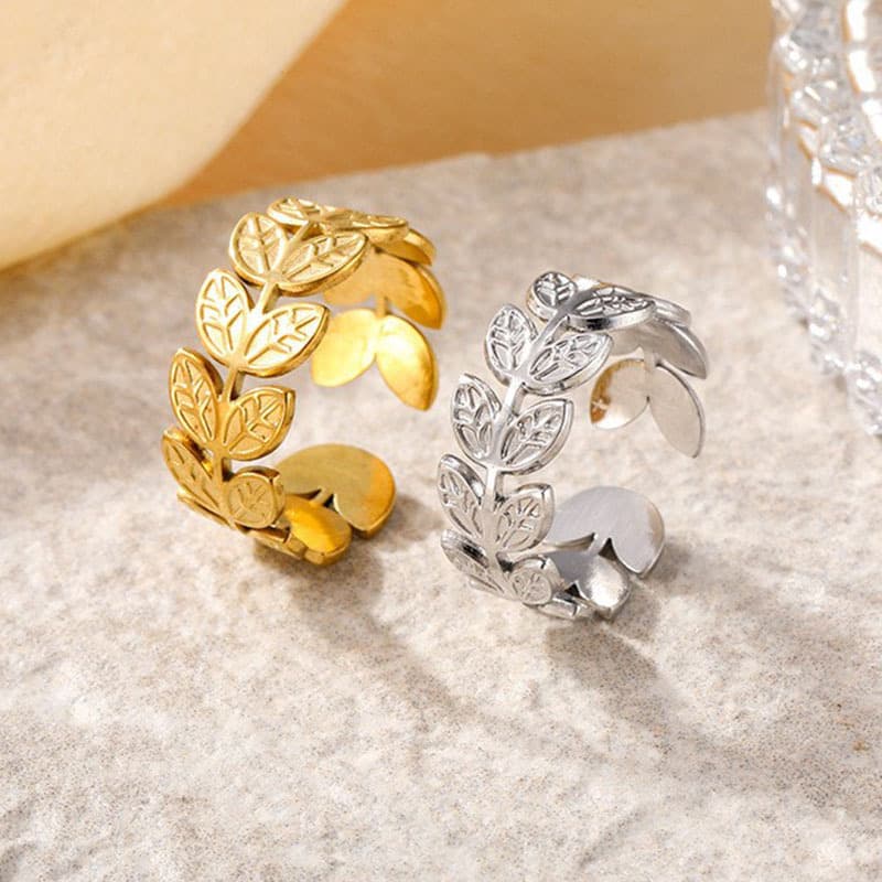 Cross-border leaf stainless steel open ring, French retro style, adjustable ring, unique, trendy, versatile women's jewelry.