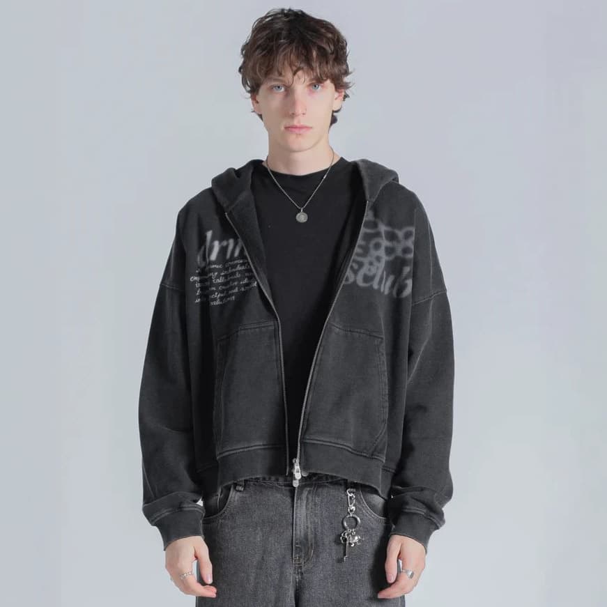 American High Street Charcoal Gray Gradient Faded Letter Zip Hoodie Casual Loose Drop Shoulder Unisex Jacket Women