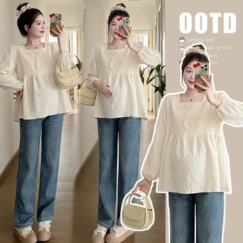 In Stock 2024 New Maternity Wear Korean Style Chic Youthful Loose Versatile Top Peter Pan Blouse