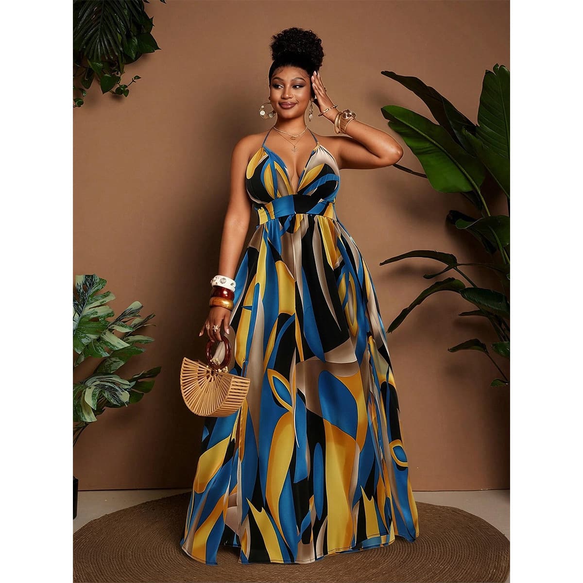 Bohemian Contrast Print Long Halter Dress with Waist Cinching, High Slit, Flared Skirt, Sexy Beach Vacation Dress