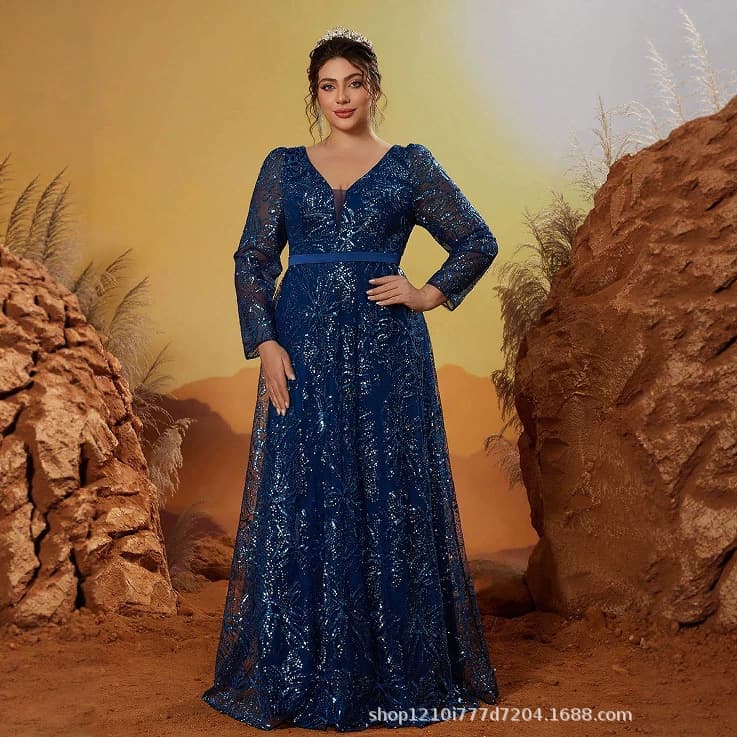 New 2026 Long Dress Elegant V-Neck Plus Size Long Sleeve Arm Cover Prom Gown