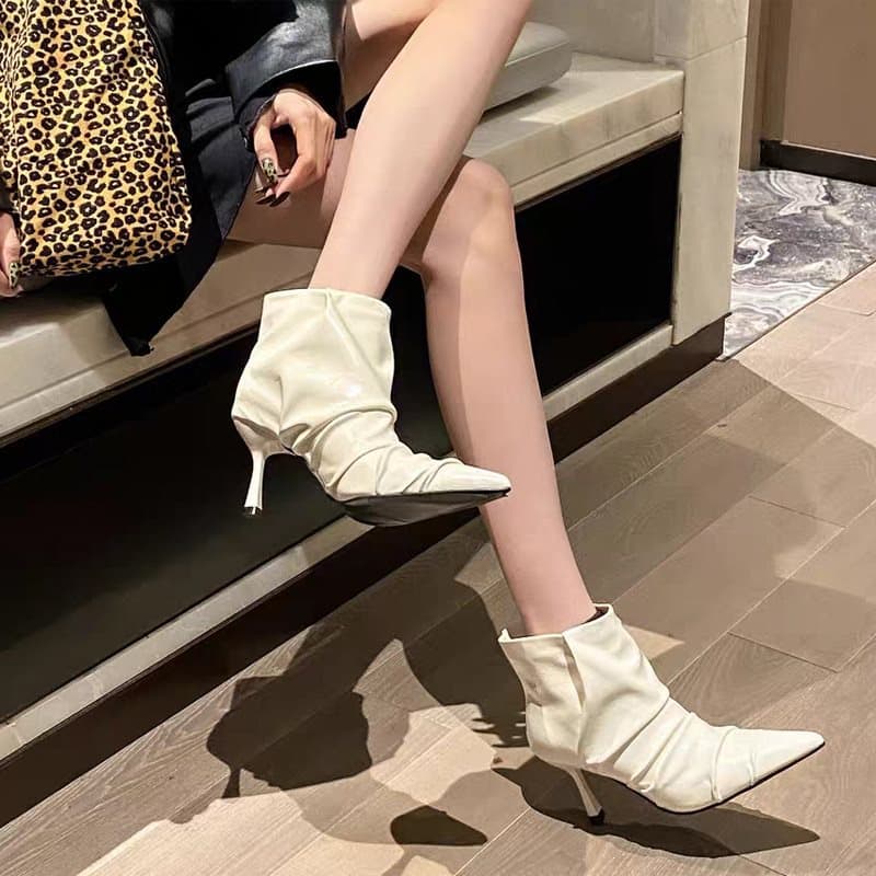 Short Boots High Heel Pointed Toe Slim Fit Elegant 2026 Boots Pleated New Stacked Patent Leather Versatile