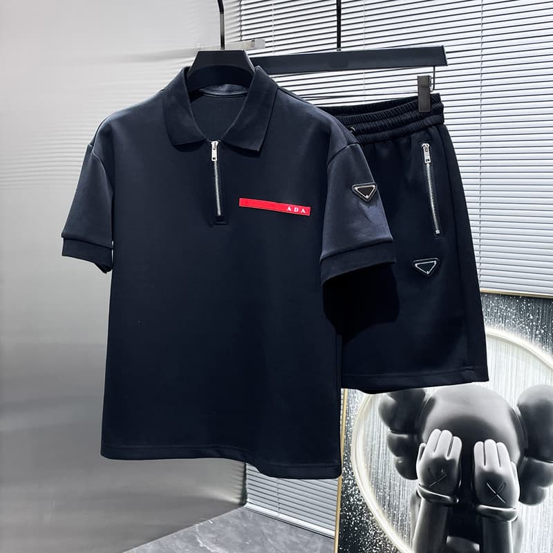 European Fashion Casual Set for Men Summer Polo Shirt with Shorts Red Stripe Triangle Logo Trendy Sportswear