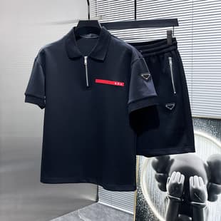 European station fashion casual suit for men summer turn-down collar polo shorts red rubber strip triangle badge trendy cool guy style summer sportswear for men