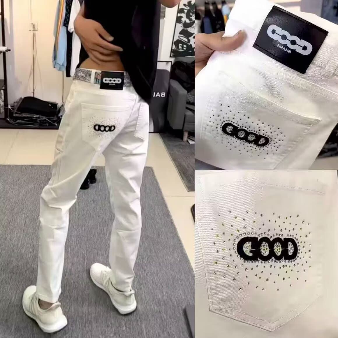 European and American Street Fashion Brand Spring and Autumn New Trendy Men's Splash Graffiti Patch Distressed White Jeans Men's Stretch Slim Fit Skinny Jeans