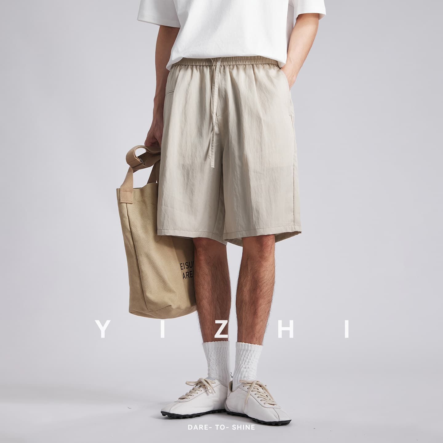 Also Lyocell Tencel cotton shorts men's summer solid color drawstring elastic waist wide leg five-point sports casual pants