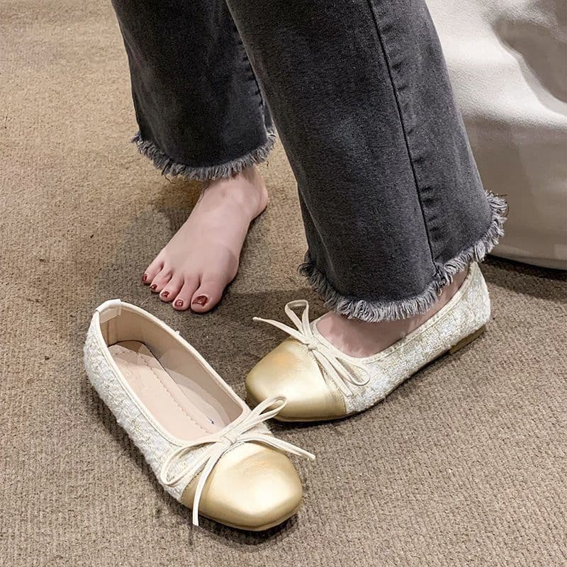 2025 Summer New Style Square-Toe Women's Versatile Shallow Mouth Fairy-Style Bow Flat Work Shoes