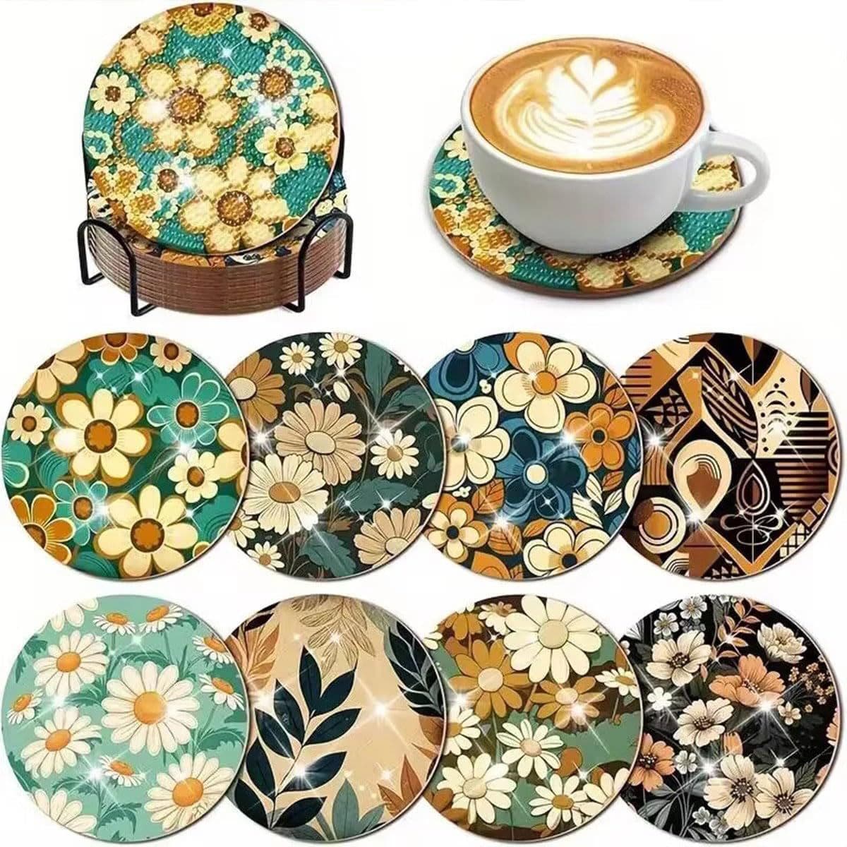 Amazon Hot Selling 5D Handmade DIY Wooden Dot Drill Insulation Anti-Slip Diamond Painting Flower Coaster with Stand