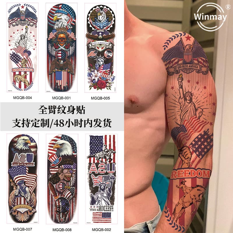 Cross-border popular American Independence Day full arm tattoo stickers waterproof flower arm men and women arm Independence Day tattoo stickers