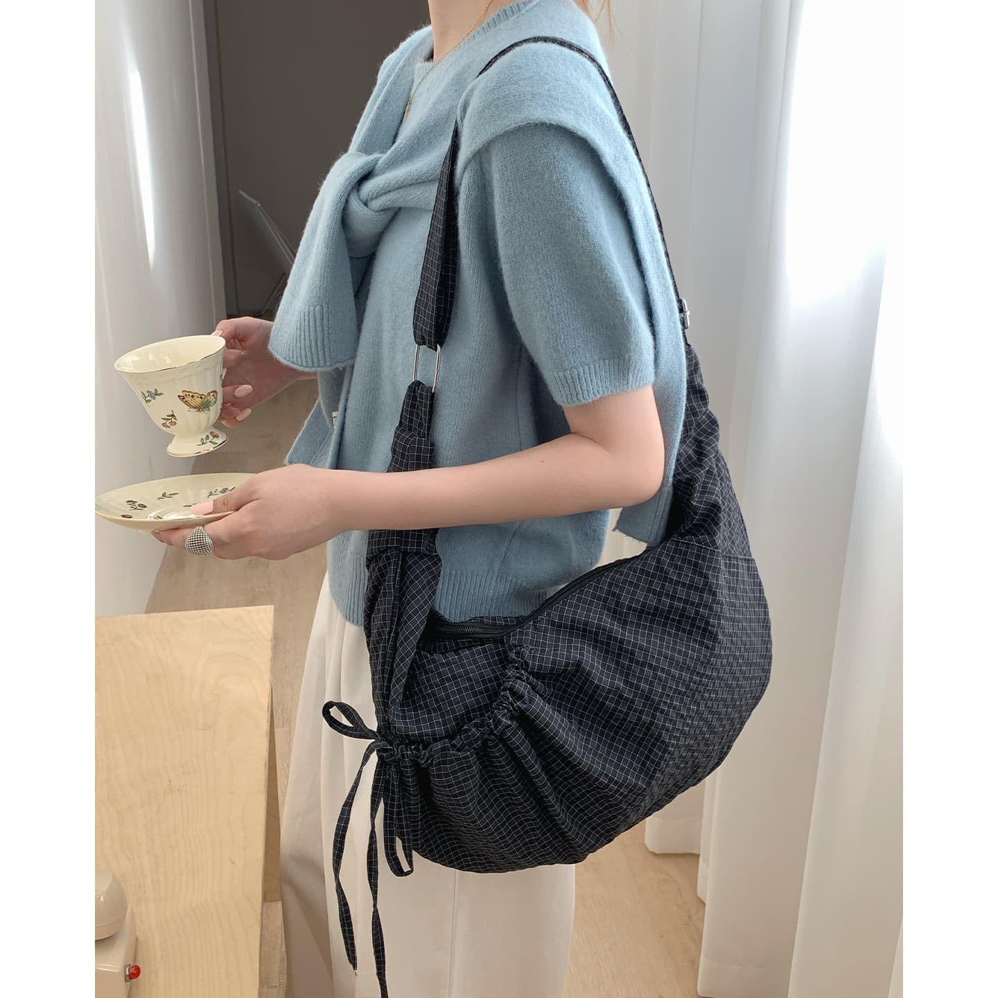 Korean style ins lazy style croissant bag large capacity canvas bag pleated plaid nylon bag commuter shoulder crossbody bag
