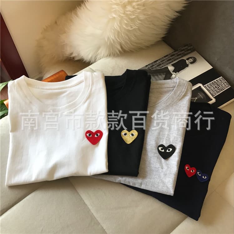 Unisex short-sleeved T-shirt with round neck, summer style, embroidered heart, trendy brand, pure cotton.