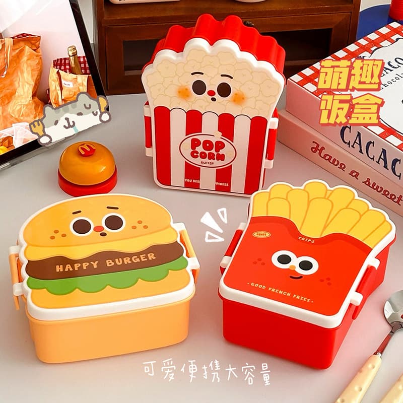 Student Burger Lunch Box Bento Box Salad Fruit Container with Dividers Fresh-Keeping Meal Box Office Worker Lunch Box with Cutlery