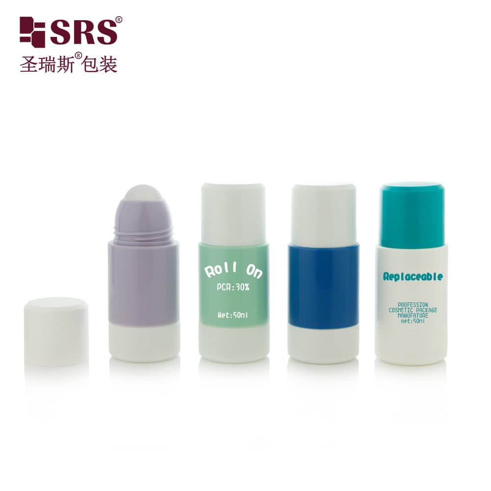 In stock 50ml PP MONO multi-color replaceable deodorant roller ball bottle cute clear body pain relief gel bottle