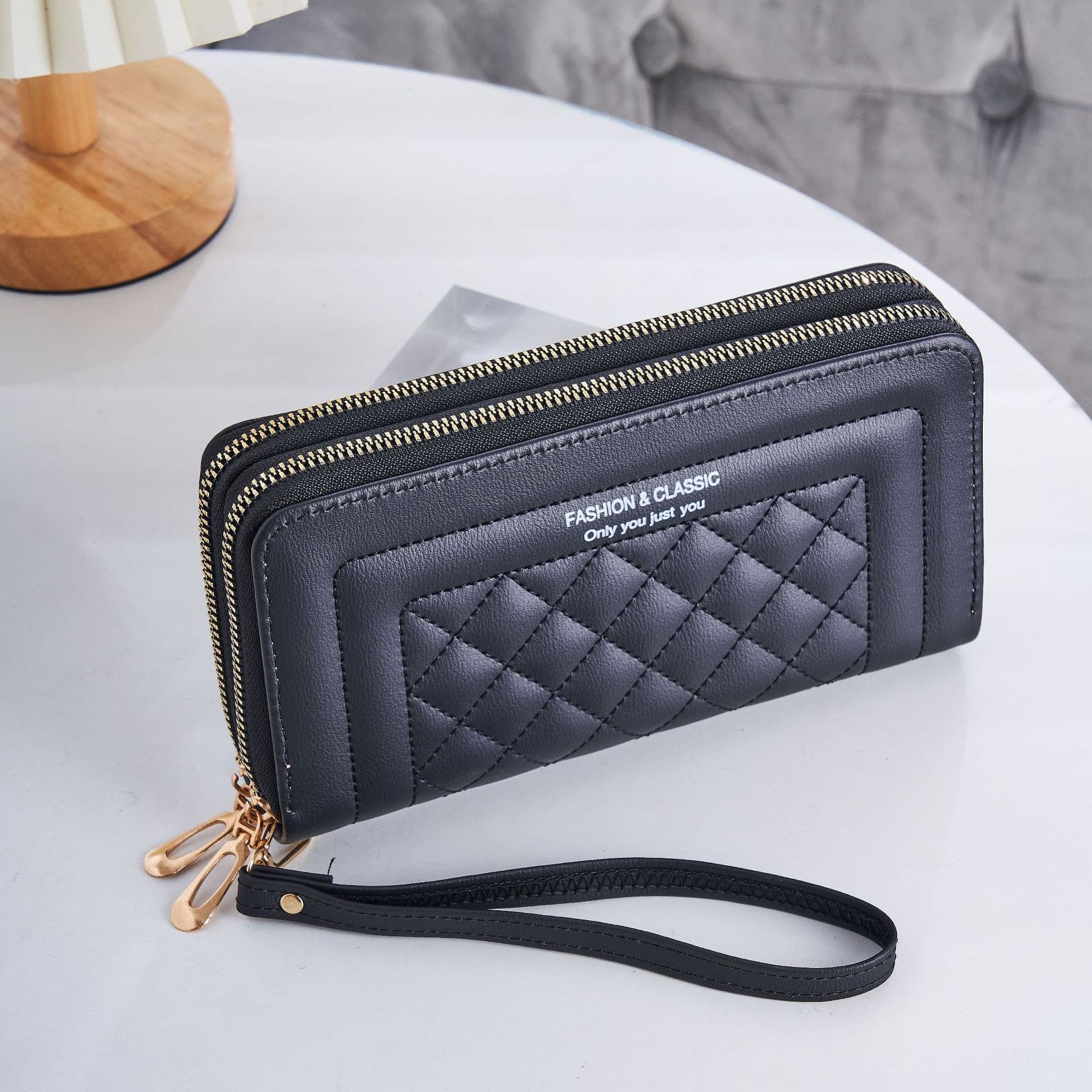 Long Zipper Soft Surface Ladies Wallet Urban Simple Style Pure Color Diamond Pattern PU Material Waterproof Handbag Clutch