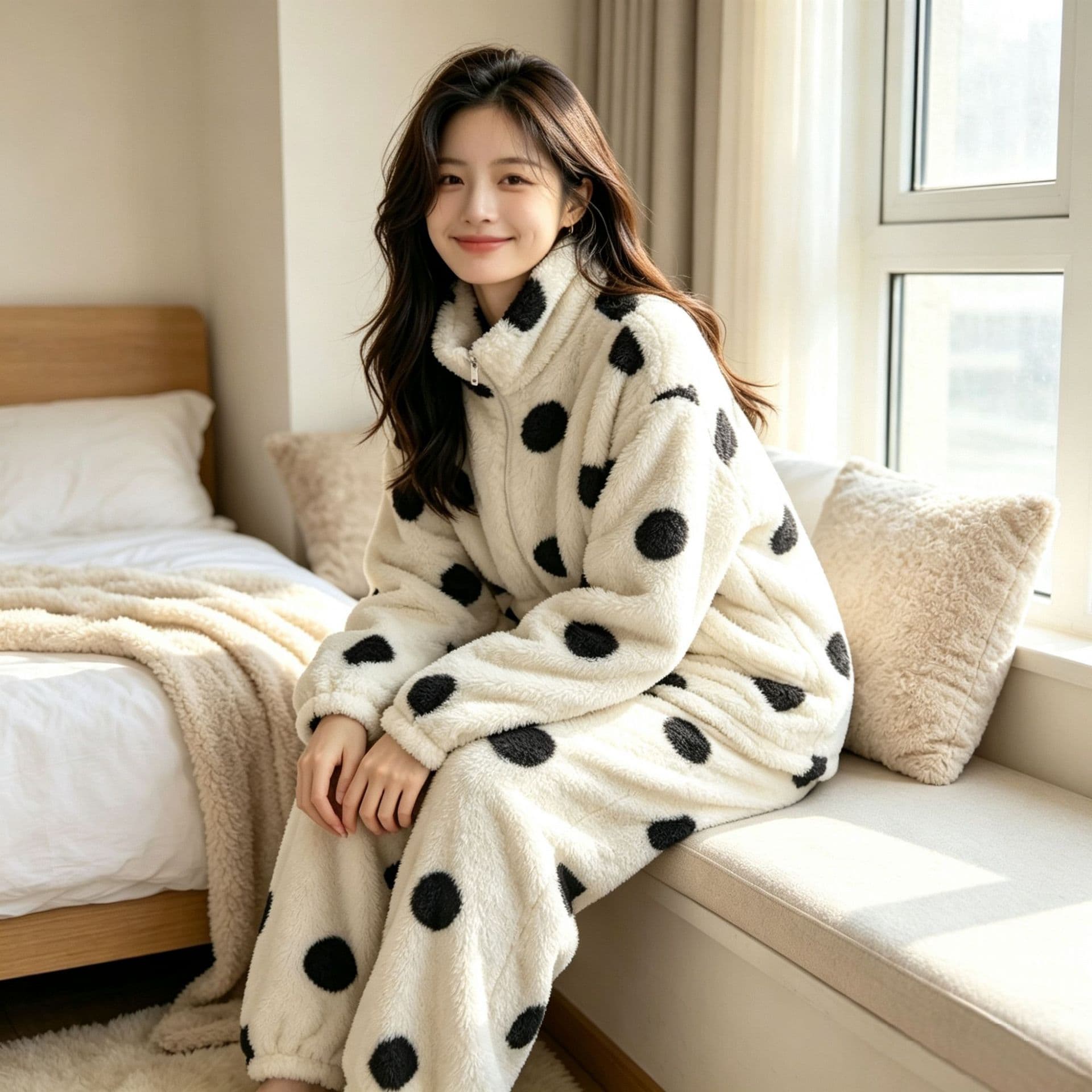 Autumn Winter New Polka Dot Coral Fleece Pajamas for Women Fashion Fleece-Lined Thickened Plus Size Comfortable Warm Wear-Out Homewear