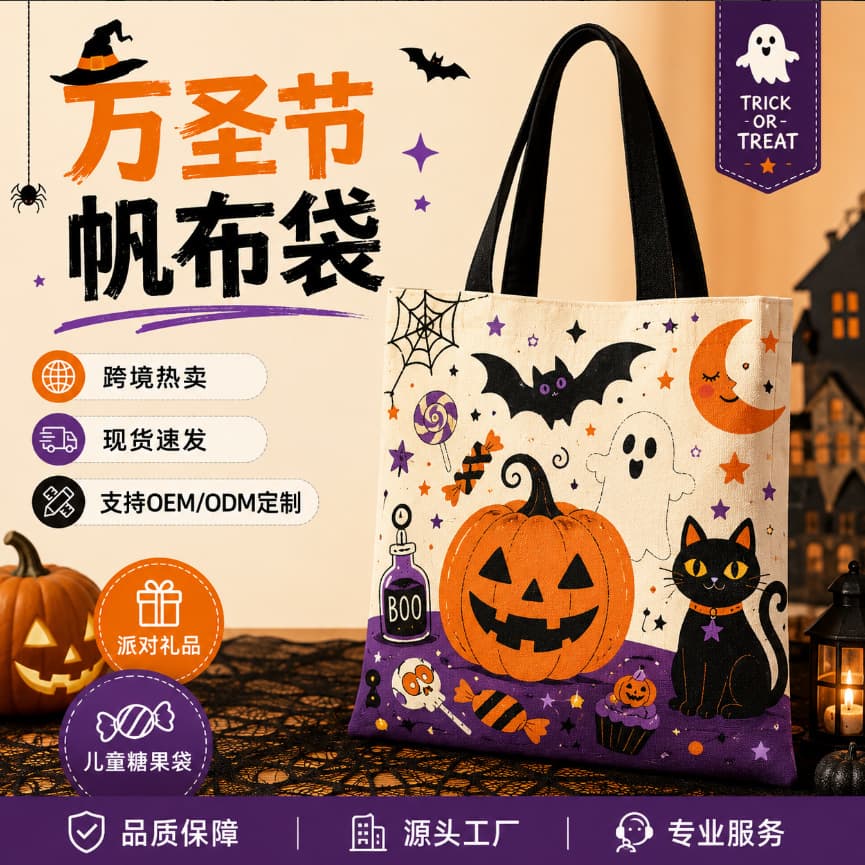 Cross-border Halloween printed canvas bag customized Halloween party gift bag large capacity shopping bag candy tote bag